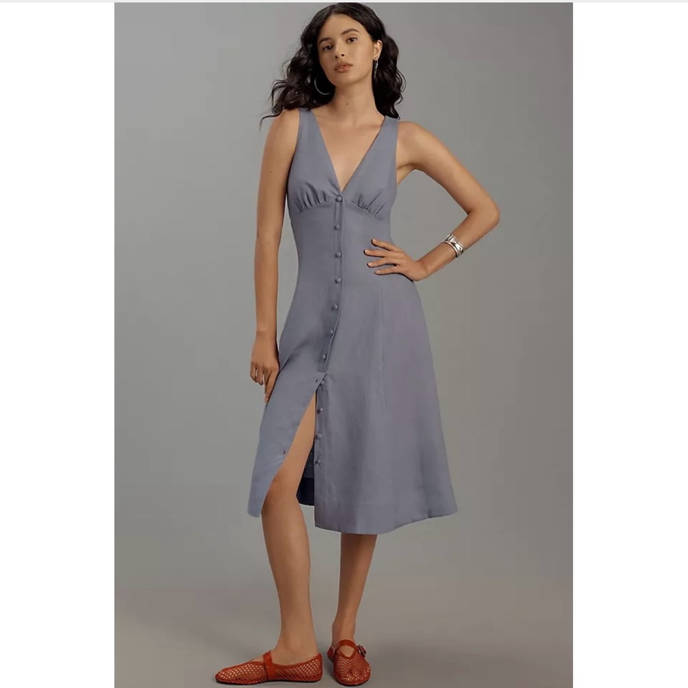 Reformation Sebastien Linen midi dress in cornflower blue, size 4!